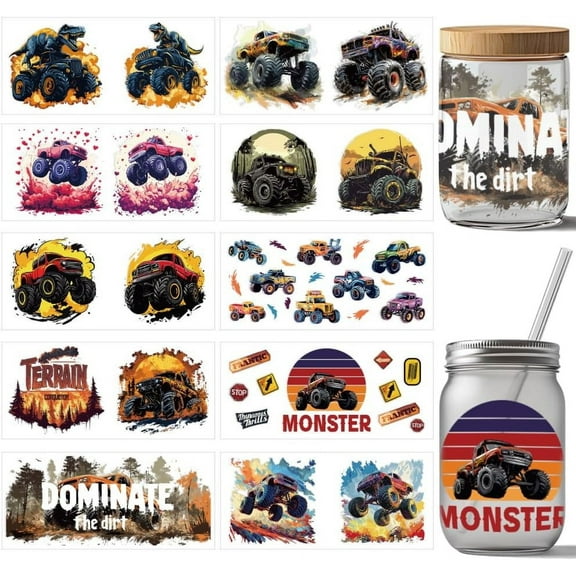 10 Sheets Monster Truck UV DTF Cup Wrap for 16OZ Glass Colorful Dinosaur Fire Vehicle Rub on Decals Monstrous Mayhem Transfer Stickers for DIY Bottles Containers Car Body Men Mixed Color