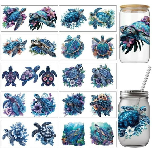 10 Sheets Ocean Animals UV DTF Cup Wrap Transfer Sticker Blue-Toned Sea Turtles Rub on Transfers Decal for DIY 16OZ Glass Cups Furniture Craft Wood DIY Crafts 24x11cm/9.4x11inch
