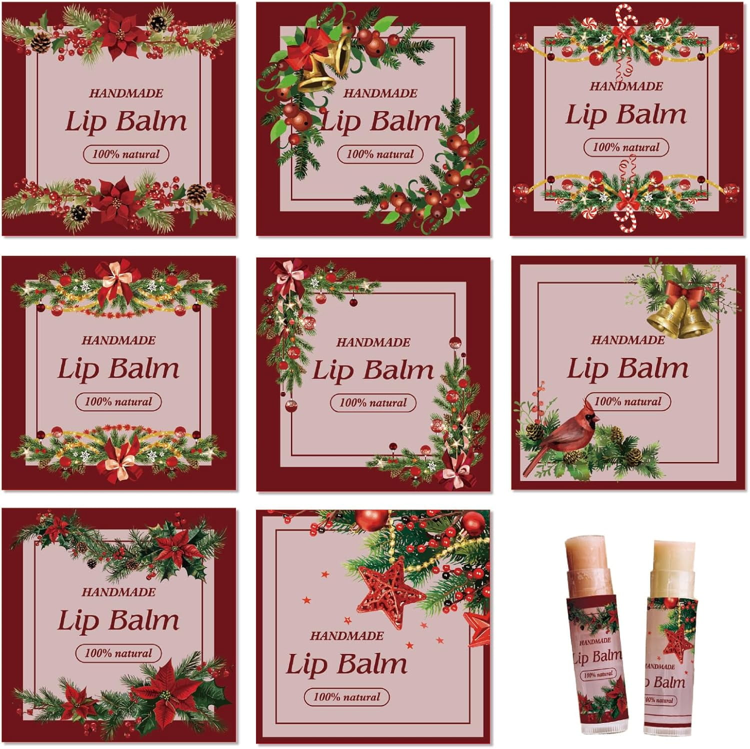 10 Sheets Paper Lip Balm Adhesive Label Stickers Christmas Bell 50x50mm ...