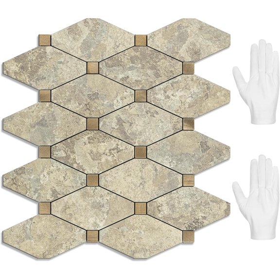 10 Sheets Peel and Stick Backsplash, Tan Stone Mixed Metal Gold Backsplash Tile Peel and Stick, Stick on Backsplash for Kitchen, Fireplace, Bathroom, RV