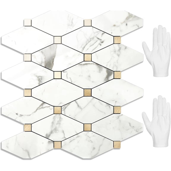 10 Sheets Peel and Stick Backsplash Tile, Polished Carrara White Marble Look Stick on Backsplash for Kitchen Wall and Bathroom, Glossy Waterproof Self Adhesive Wall Tiles