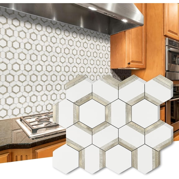 10 Sheets Peel and  Backsplash, White PVC Mixed  Light  Kitchen Backsplash   Backsplash Mosaic Tile for Fireplace, RV, 12x12inch