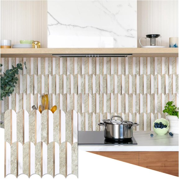 10 Sheets Peel and Stick Backsplash Seamless Tile for Kitchen,Beige Sandstone PVC Mixed Light Gold Stick on Backsplash Metal Mosaic Wall Tiles