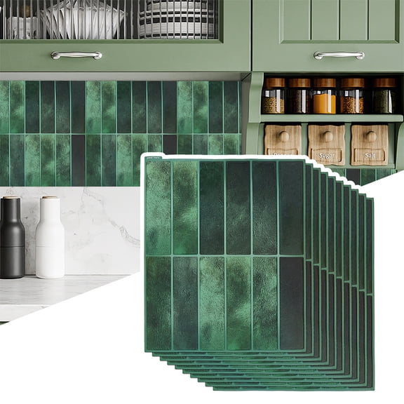 10 Sheets Peel and Stick Backsplash Tiles 3D Stick on Tiles 11.4x9.1 Inch Green Kitchen Wall Tile Self Adhesive Rectangle Wall Tile