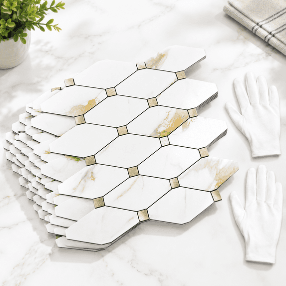 10 Sheets Peel and Stick Wall Tile Calacatta Golden Mixed Metal for ...