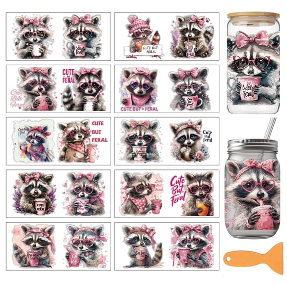 10 Sheets Raccoon UV DTF Cup Wrap 10 Styles Pink Raccoon Cute Animal Rub on Transfers PVC Paper Waterproof Rub Decals