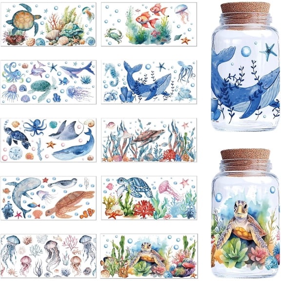10 Sheets Sea Animals PVC Rub on Transfer Stickers Waterproof Cup Wrap Transfer Decals Mixed Shapes 240x110mm for Handmade