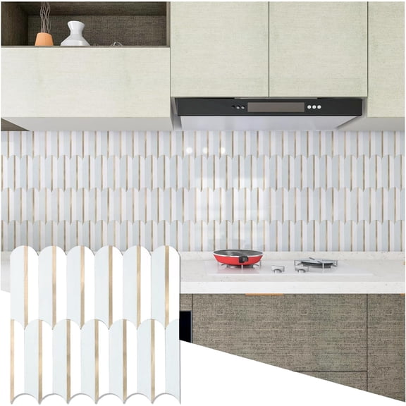 10 Sheets Seamless Peel and Stick Backsplash Tile for Kitchen,Polished White and Dolomite PVC Mixed Light Gold Self Adhesive Fish Scale Metal Mosaic Tiles