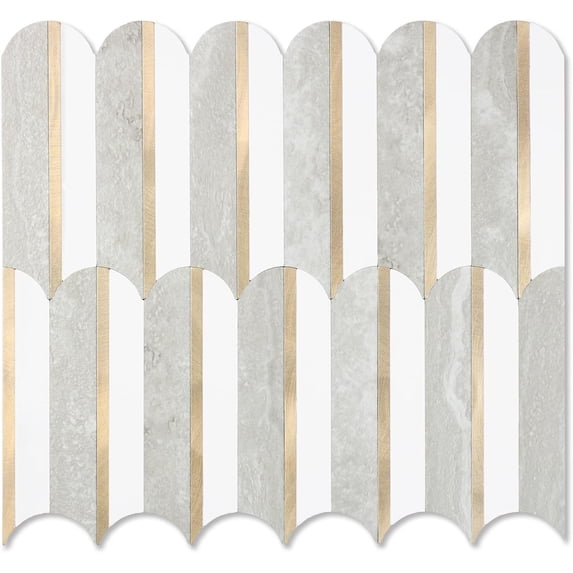 10 Sheets Seamless Peel and Stick Backsplash Tile for Kitchen,White and Gray Stone PVC Mixed Light Gold Self Adhesive Fish Scale Metal Mosaic Tiles