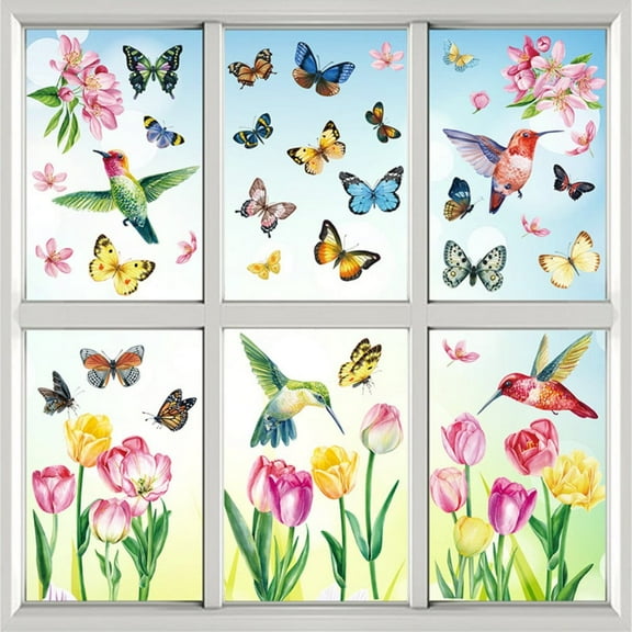 10 Sheets Spring Flower Window Clings, Removable Butterfly Hummingbird Tulip Summer Window Clings, Summer Spring Window Decals for Home Office Decorations