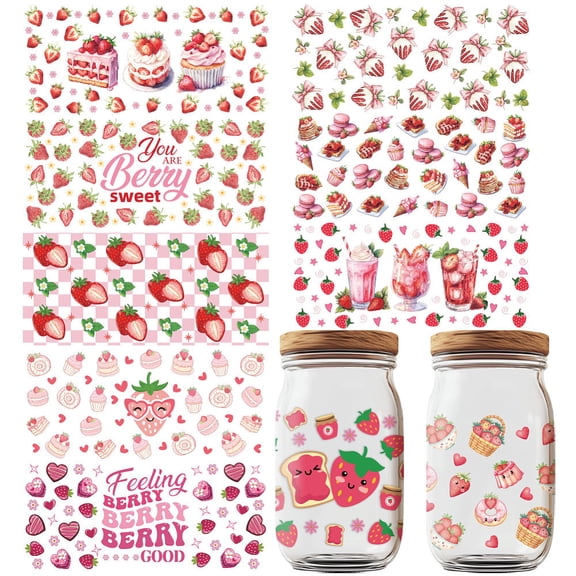 10 Sheets Strawberry UV DTF Cup Wraps Strawberry Rub on Transfer Decals Fruit Style Waterproof Transfer Stickers Cartoon Rub on DecalsDIY