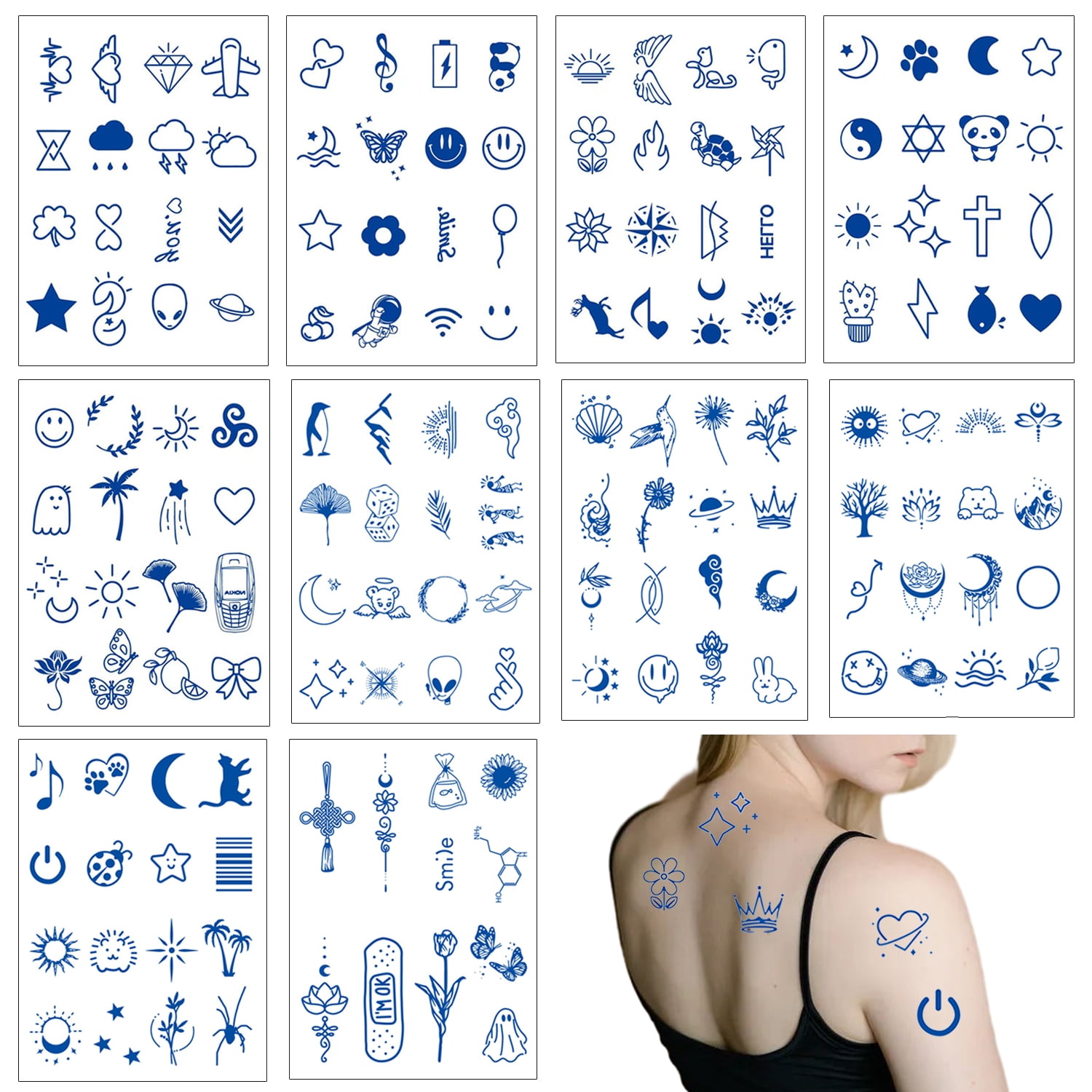 10 Sheets Temporary Tattoos Sets, Realistic Temporary Tattoos, Tiny ...