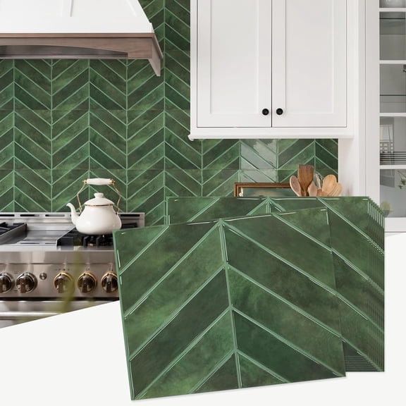 10 Sheets Thicker Herringbone Peel and Stick Backsplash, 12.6”×9.7” Stick on Wall Tiles, Self Adhesive Tile Sticker for Kitchen Backsplash and Bathroom, Green