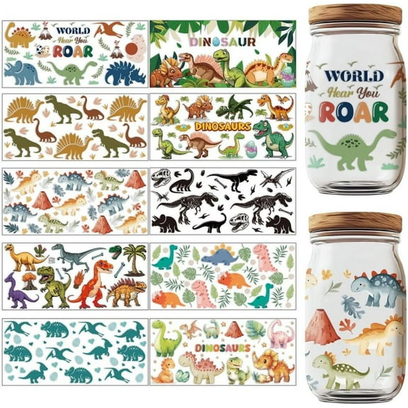 10 Sheets Transfers Stickers Dinosaur Animal Rub on Transfers Wraps Decal Waterproof Printing UV Transfer Paper for DIY handcrafting