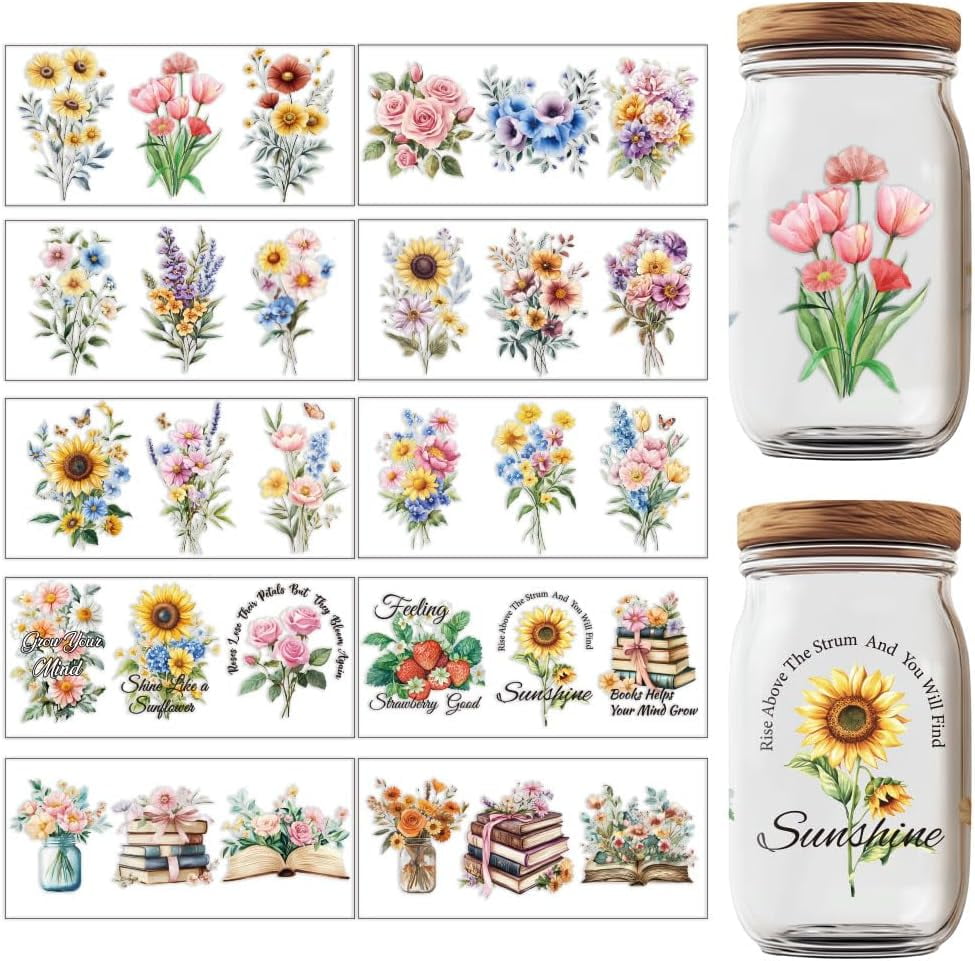 10 Sheets UV DTF Transfer Stickers - Flower Design Cup Wraps For 16oz Glass Cups & DIY Crafts