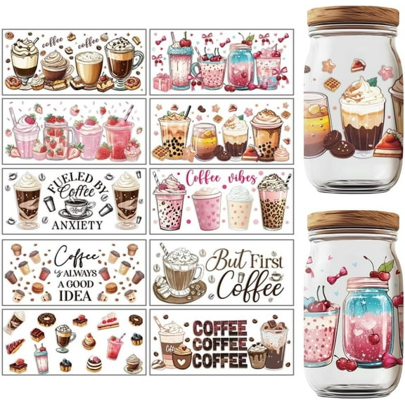 10 Sheets Transfers Stickers Rub on Transfers Drink Patterns UV DTF Cup Wraps Decal Waterproof Printing UV Transfer Paper for 16 oz Glass Cups Furniture Decor DIY Crafts diy