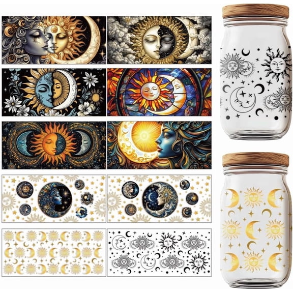 10 Sheets Transfers Stickers Rub on Transfers Sun and Moon UV DTF Cup Wraps Decal Waterproof Golden Star Personalized Stickers for DIY 16 oz Glass Cups Furniture DIY Crafts
