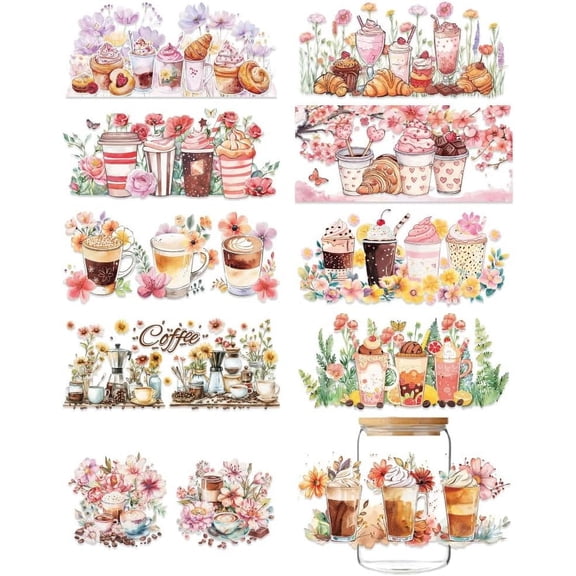 10 Sheets UV DTF Coffee Wraps Waterproof Ice Cream Transfer Stickers Decals for 16 Oz Glass Cups Milk Tea and Coffee Mugs Container Decor Colorful DIY
