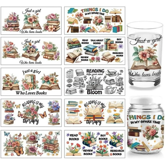 10 Sheets UV DTF Cup Wrap 10 Styles Colorful Vintage Flower Book Words Rub on Transfers PVC Transfer Stickers Waterproof Rub Decals for DIY DIY 16OZ Glass Cups Furniture Wood