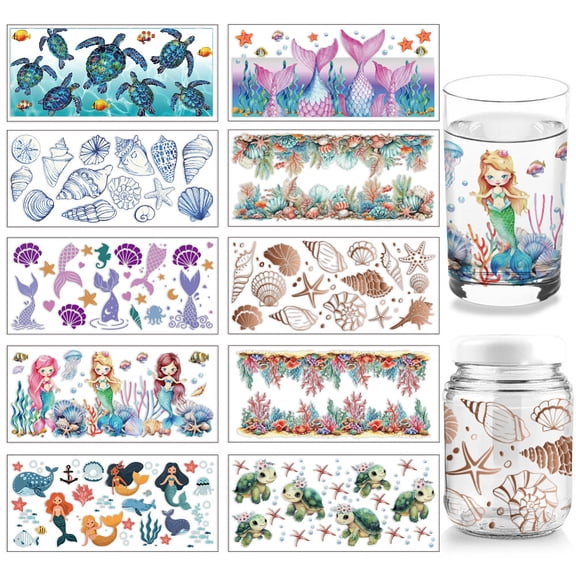 10 Sheets UV DTF Cup Wrap 10 Styles Ocean Animal Theme Turtle Princess Rub on Transfers PVC Transfer Stickers Waterproof Rub Decals