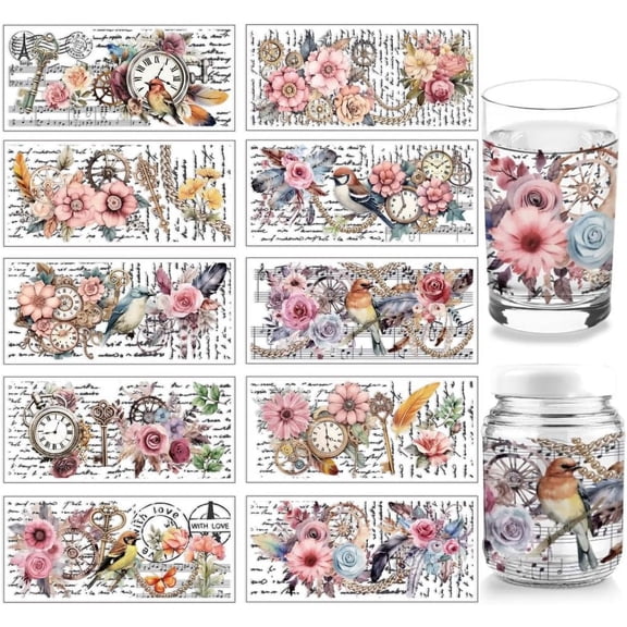 10 Sheets UV DTF Cup Wrap 10 Styles Vintage Flower Bird Clock Words Rub on Transfers PVC Transfer Stickers Waterproof Rub Decals