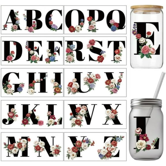 10 Sheets UV DTF Cup Wrap Transfer Sticker 26 Letters with Flower Rub on Transfers Decal