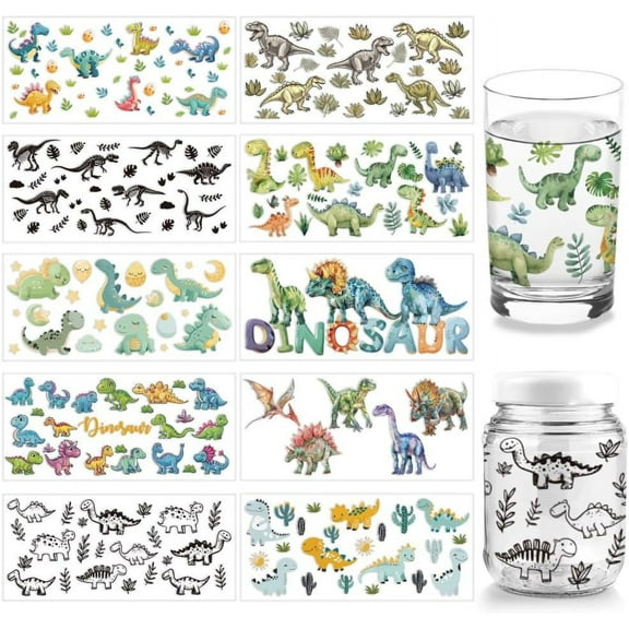 10 Sheets UV DTF Cup Wrap Transfer Stickers, 10 Styles 9.45x4.33 Inchs Dinosaur Cute Colorful Pattern UV DTF Cup Wraps for 16OZ Glass Cups Furniture Craft Wood DIY Crafts