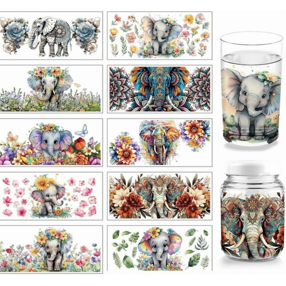 10 Sheets UV DTF Cup Wrap Transfer Stickers 9.45x4.33 Inchs Watercolor Elephant Elephant Mandala Rub on Transfers Decal for 16OZ Glass Cups Furniture Craft Wood DIY Crafts