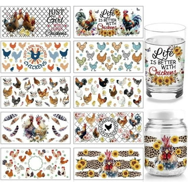 10 Sheets UV DTF Cup Wrap Transfer Stickers for Glass 10 Styles Farm Theme Chicken Hen Rooster Rub on Transfers Decal for 16OZ Glass Cups Furniture Craft Wood DIY Crafts