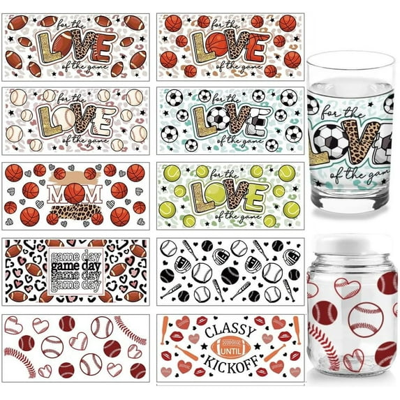 10 Sheets UV DTF Cup Wrap Transfer Stickers for Glass 10 Styles Sports Themes Basketball Football Baseball Rugby Rub on Transfers Decal for 16OZ Glass Cups Furniture Craft Wood DIY Crafts DIY