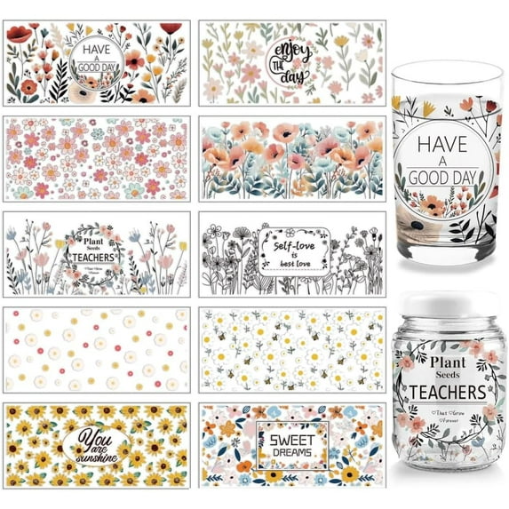 10 Sheets UV DTF Cup Wrap Transfer Stickers for Glass 10 Styles Wildflowers Poppies Bee Rub on Transfers Decal for 16OZ Glass Cups Furniture Craft Wood DIY Crafts DIY