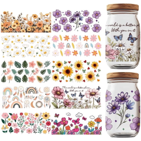 10 Sheets UV DTF Cup Wrap Transfer Stickers Wildflowers Rub on Decals Rainbow Leaf PVC Waterproof Cup Transfer Decoration