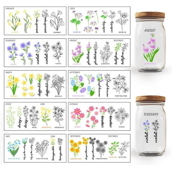 10 Sheets UV DTF Cup Wraps 10 Styles Birth Flowers by Month Rub on Transfer Decals Floral Transfer Stickers Roses Daisies Violets Rub on Decals for Glass Cups Wood Crafts