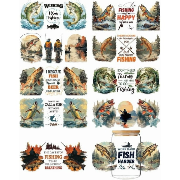 10 Sheets UV DTF Cup Wraps 10 Styles Cartoon Rub on Decals Fishing Make Me Happy Waterproof Transfer Stickers