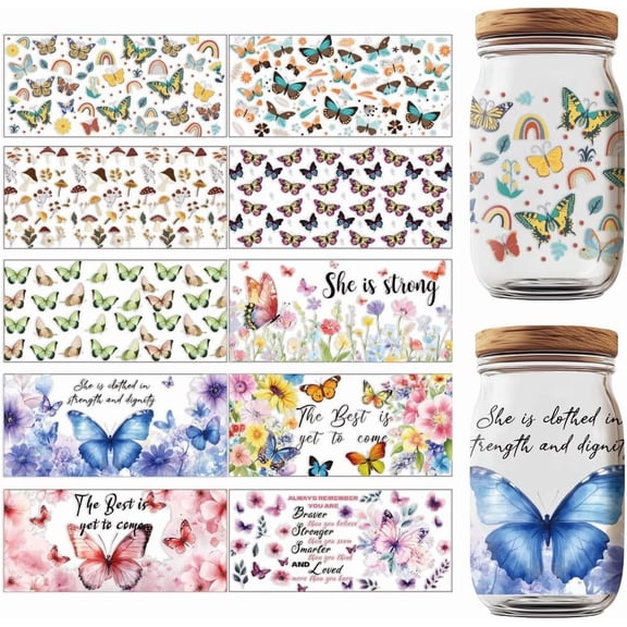 10 Sheets UV DTF Cup Wraps 10 Styles Cartoon Rub on Decals Spring Butterfly Flower Waterproof Transfer Stickers for DIY