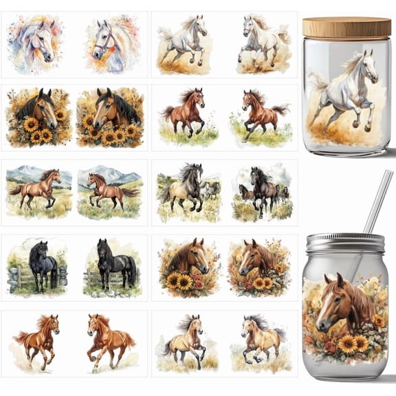10 Sheets UV DTF Cup Wraps for 16 OZ Glass Cups 10 Styles Watercolor Horse Theme Rub on Transfers PVC Transfer Stickers Waterproof Rub Decals for DIY Your Holiday Presents 9.4x4.3inch