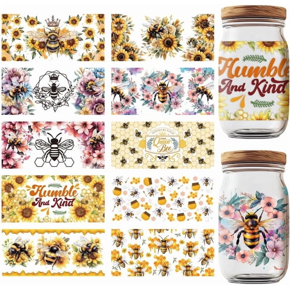 10 Sheets UV DTF Cup Wraps Sunflower Bee Honeycomb Rub on Transfer Decals PVC Waterproof Cup Transfer Stickers
