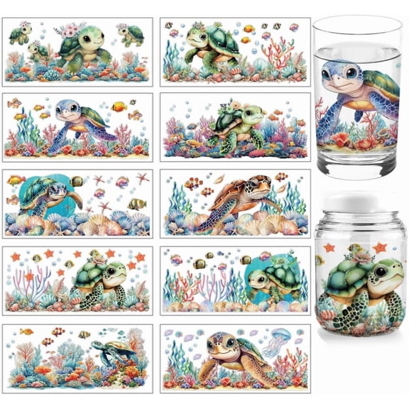 10 Sheets UV DTF Cup Wraps for16 OZ Glass Cups 10 Styles Cartoon Sea Turtle Fish Seaweed Rub on Transfers PVC Transfer Stickers Waterproof Rub Decals