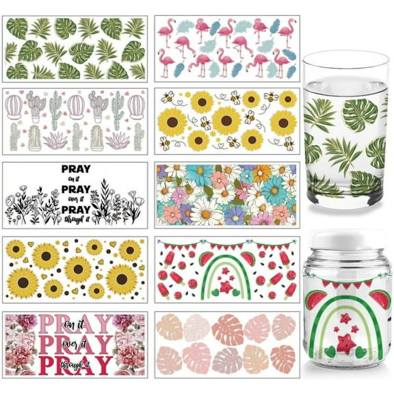 10 Sheets UV DTF Decals 10 Styles Red-Crowned Crane Cactus Sunflower Rub on Transfers PVC Paper Waterproof Rub Decals for DIY 16OZ Glass Cups Furniture Wood Crafts