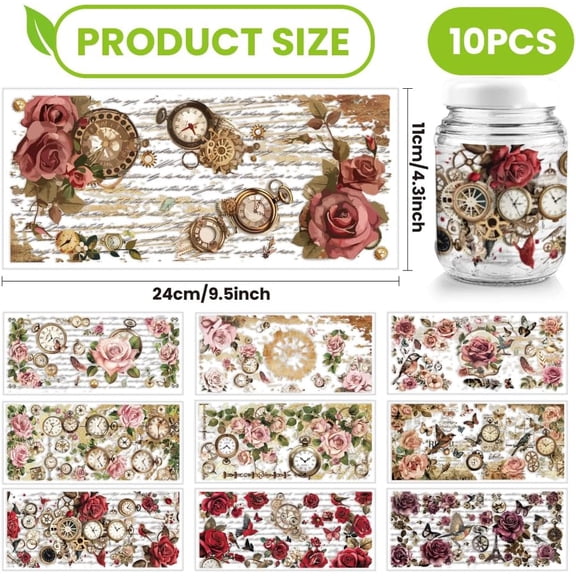 10 Sheets Vintage Flowers UV DTF Cup Wrap for 16OZ Glass Pocket Watch Tower Birds Butterflies Rub on Decals PVC Transfer Stickers for Cups Bottles Wood Funiture Garden Crafts