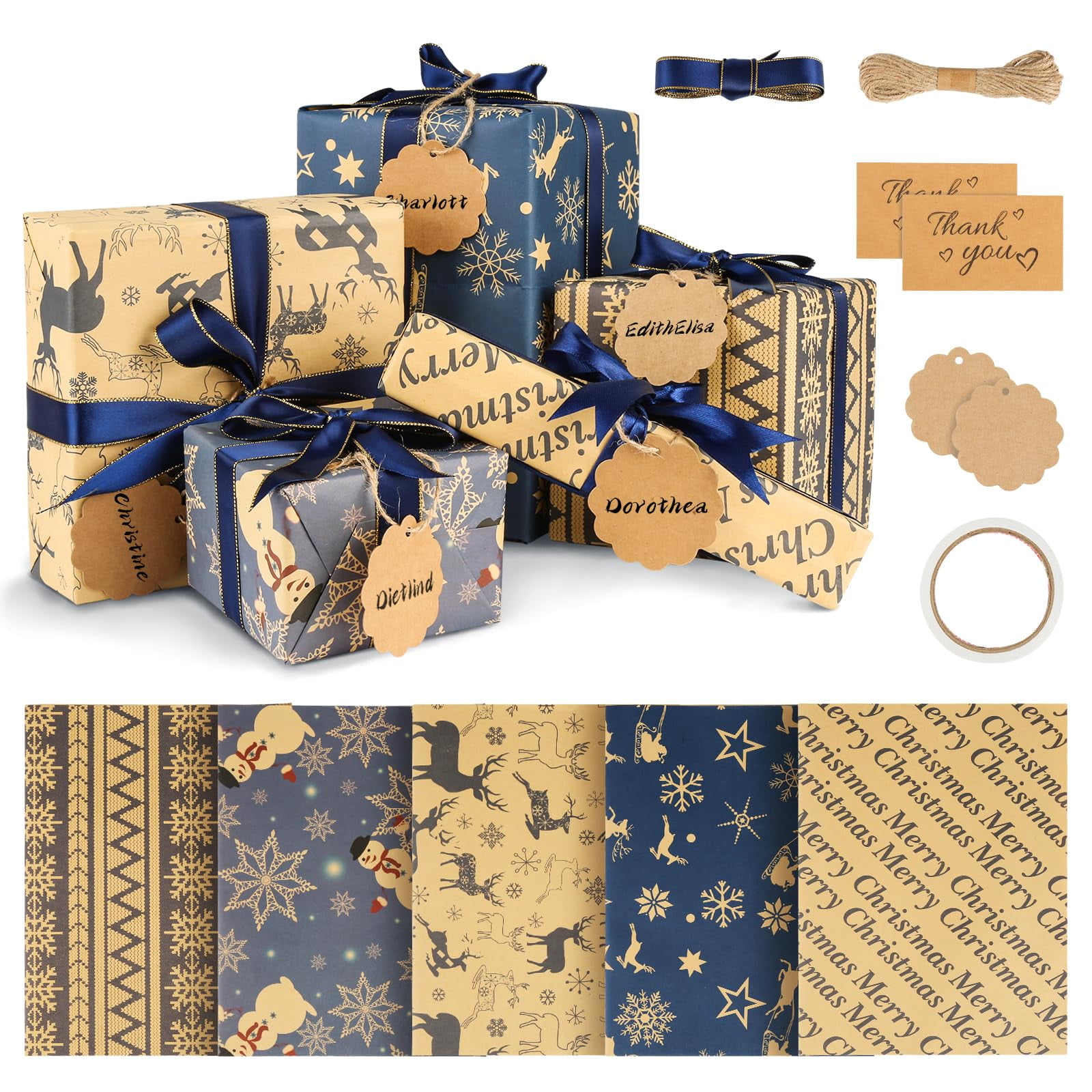 10 Sheets of Kraft Wrapping Paper, Christmas Wrapping Paper with 5 m ...
