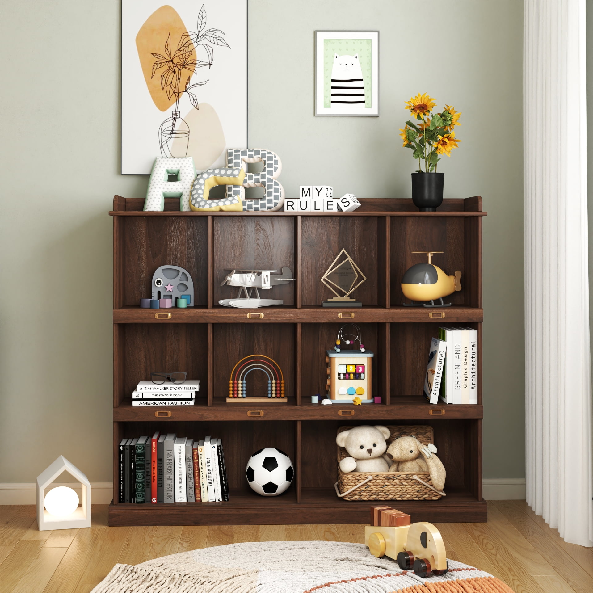 10-Shelf Cubbyhole Bookcase Storage Organizer for Books Home Decor, Walnut