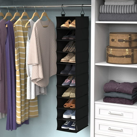 10-Shelf Hanging Shoe Organizer - Charcoal Black Finish for Closets and Laundry Rooms