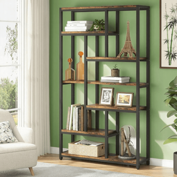 10-Shelf Industrial Open Bookshelf, Staggered Design, 30lbs/Shelf Capacity, Wall Anchors & Adjustable Feet, Tall Etagere for Home/Office