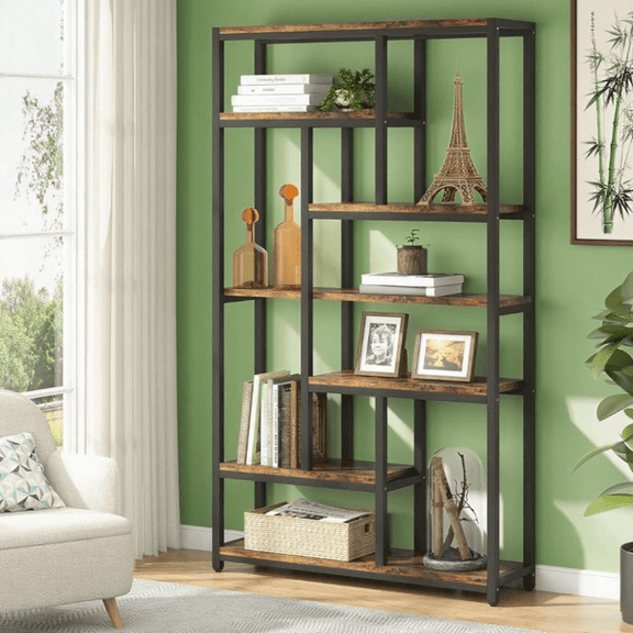 10-Shelf Industrial Open Bookshelf, Staggered Design, 30lbs/Shelf Capacity, Wall Anchors & Adjustable Feet, Tall Etagere for Home/Office