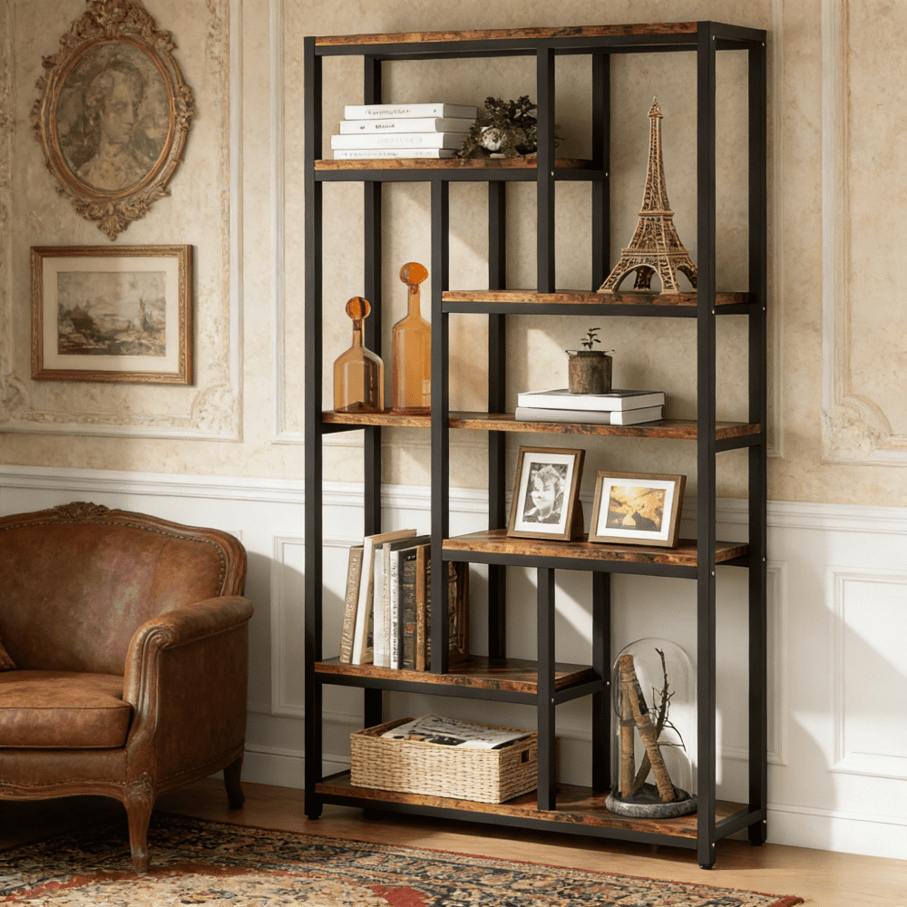 10 Shelf Tall Bookcase Open Storage Unit Staggered Design Wood Metal ...