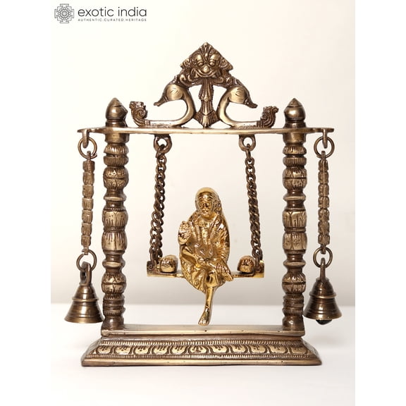 10" Shirdi Sai Baba on a Swing With Hanging Bells | Electroplated Brass Statue