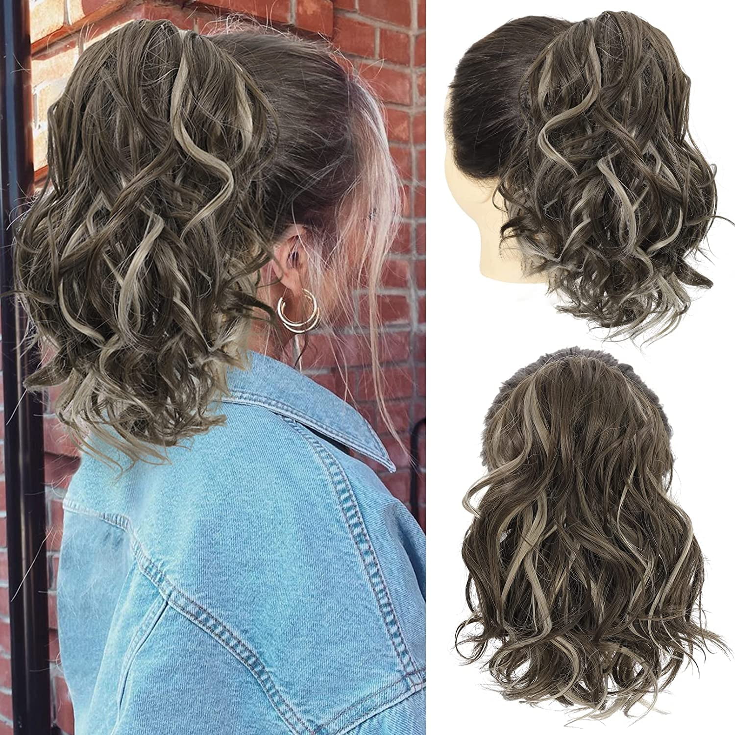 10" Short Claw Highlight Ponytail Extension Wavy Curly Thick Jaw Clip