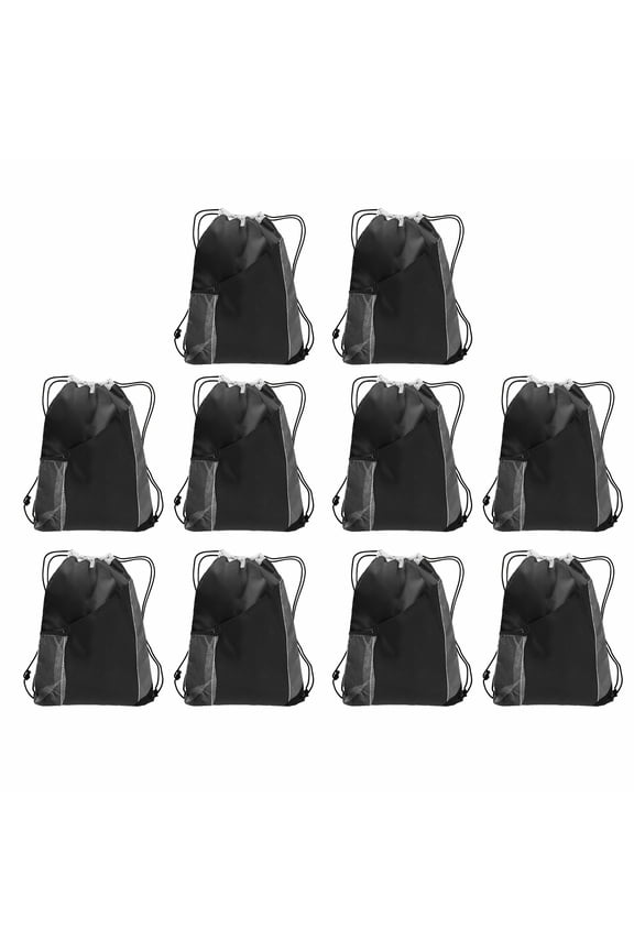 10 Side Mesh Pockets Drawstring Backpacks Set - Tri Color, Front Pocket, Side Mesh - Black
