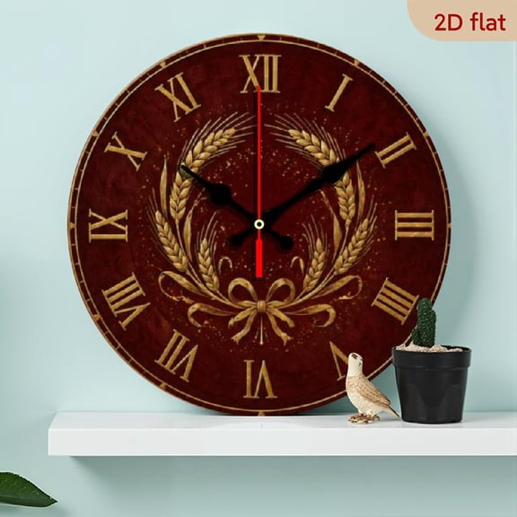 10_ Silent Wall Clock, Red Wheat Sheaf Pattern, Non-ticking Decor for Holidays and Housewarming Gifts